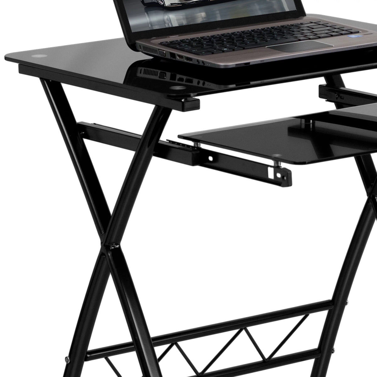 Black Tempered Glass Computer Desk with Keyboard Tray X385863