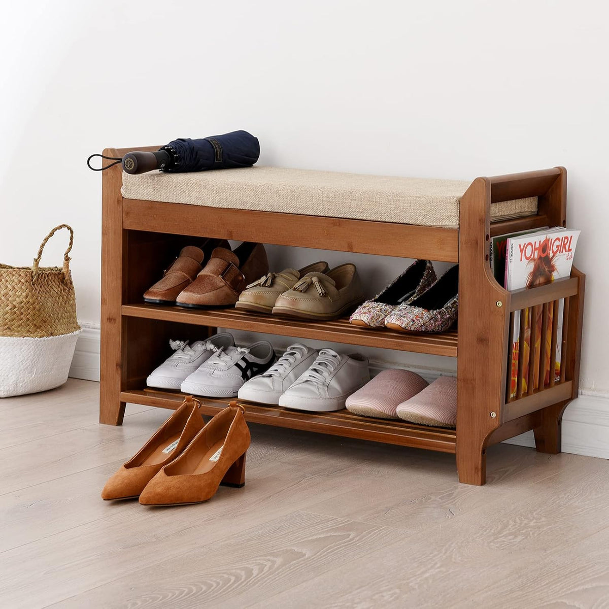 2 Tier Bamboo Shoe Bench with Seat Cushion X65362