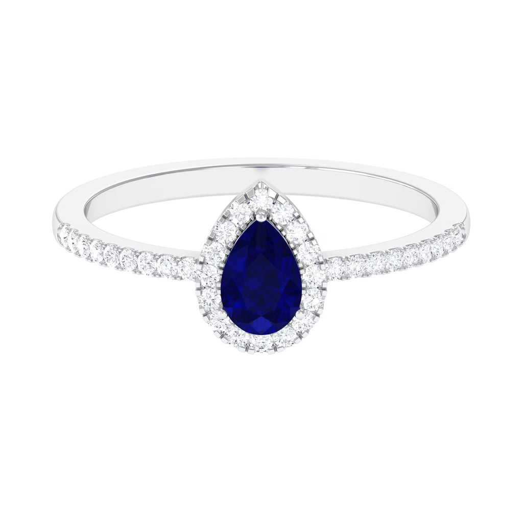 Pear Cut Blue Sapphire Teardrop Ring with Diamond Halo, 925 Sterling Silver, US 8.00 Q2463