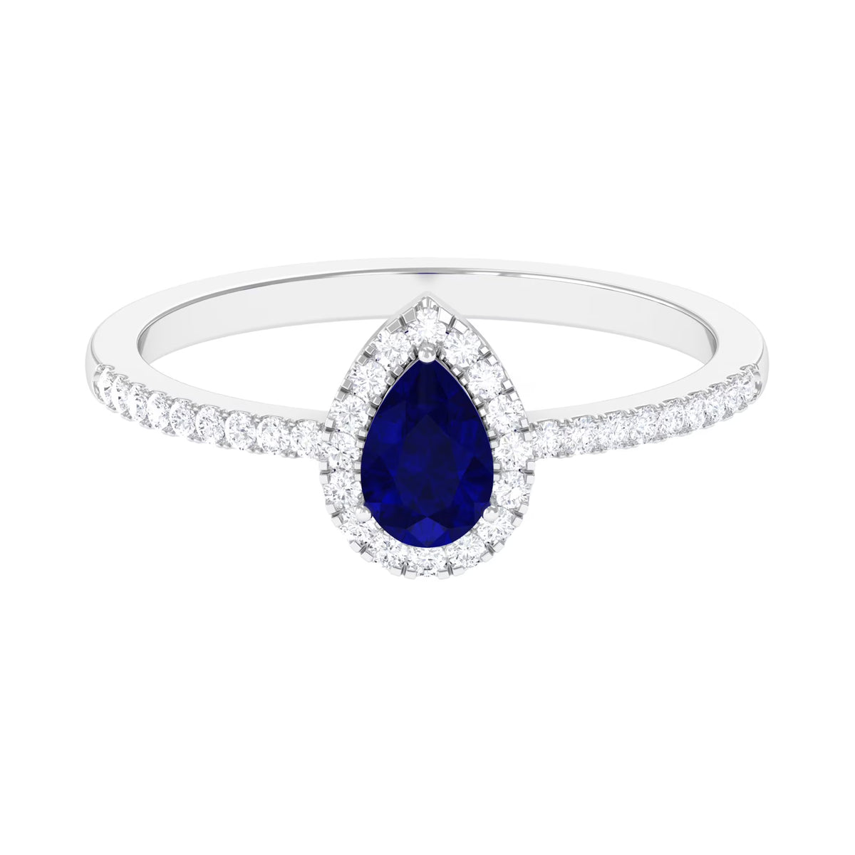 Pear Cut Blue Sapphire Teardrop Ring with Diamond Halo, 925 Sterling Silver, US 8.00 Q2463
