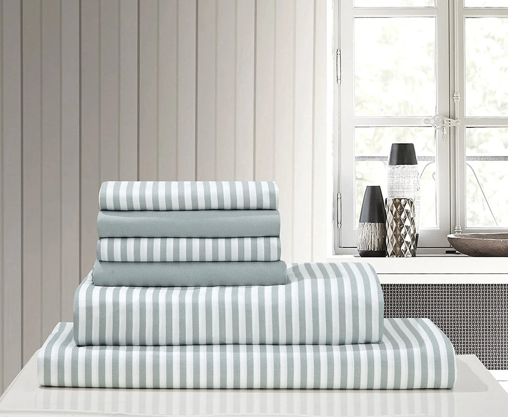 King Size 6 Pc Set Awning Striped Sheets with 2 Bonus Pillowcases G98001