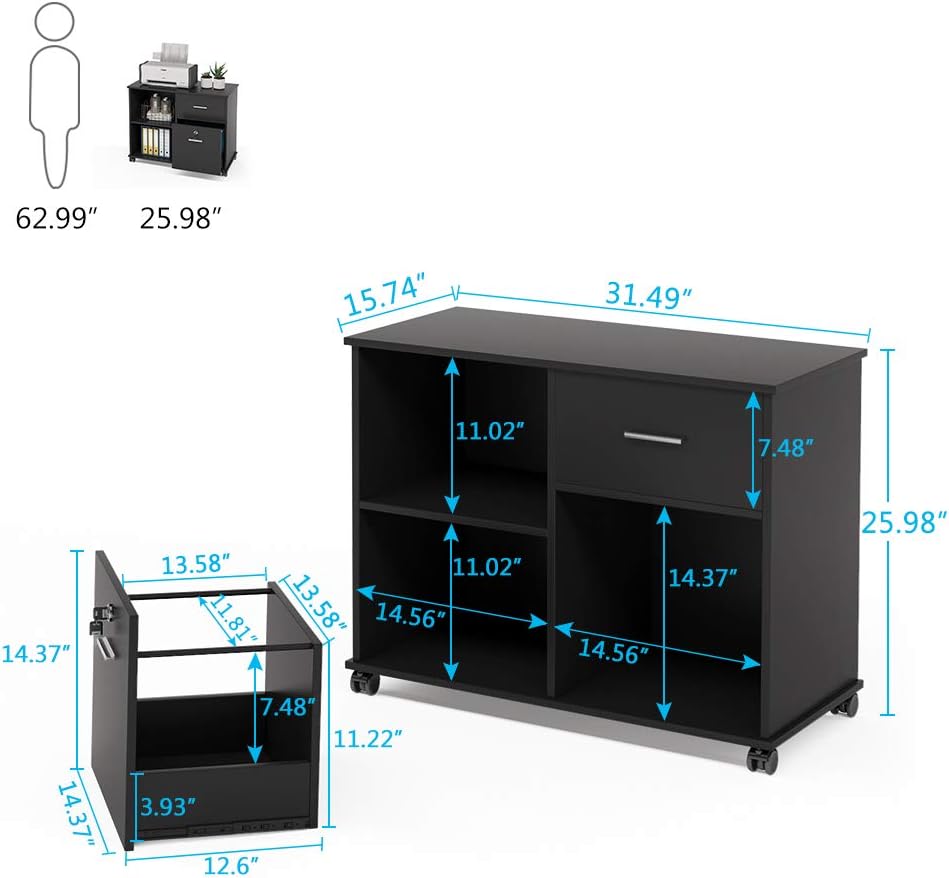 2 Drawer File Cabinet with Lock, Mobile Lateral Filing Cabinet with Wheels and Shelves F709