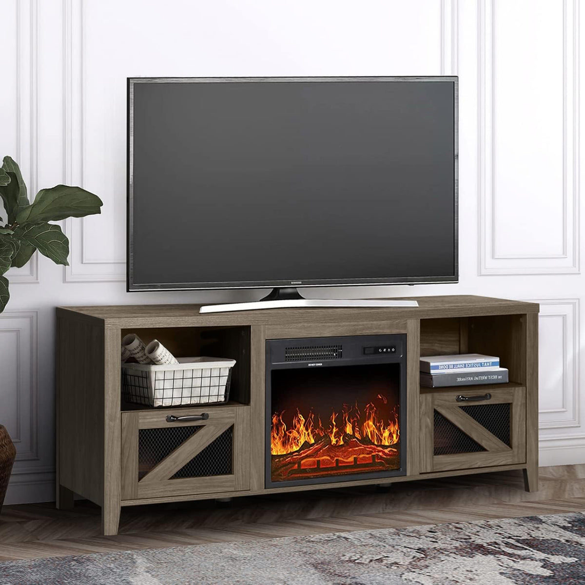 Wood Electric Fireplace TV Stand with Storage Cabinets M145359