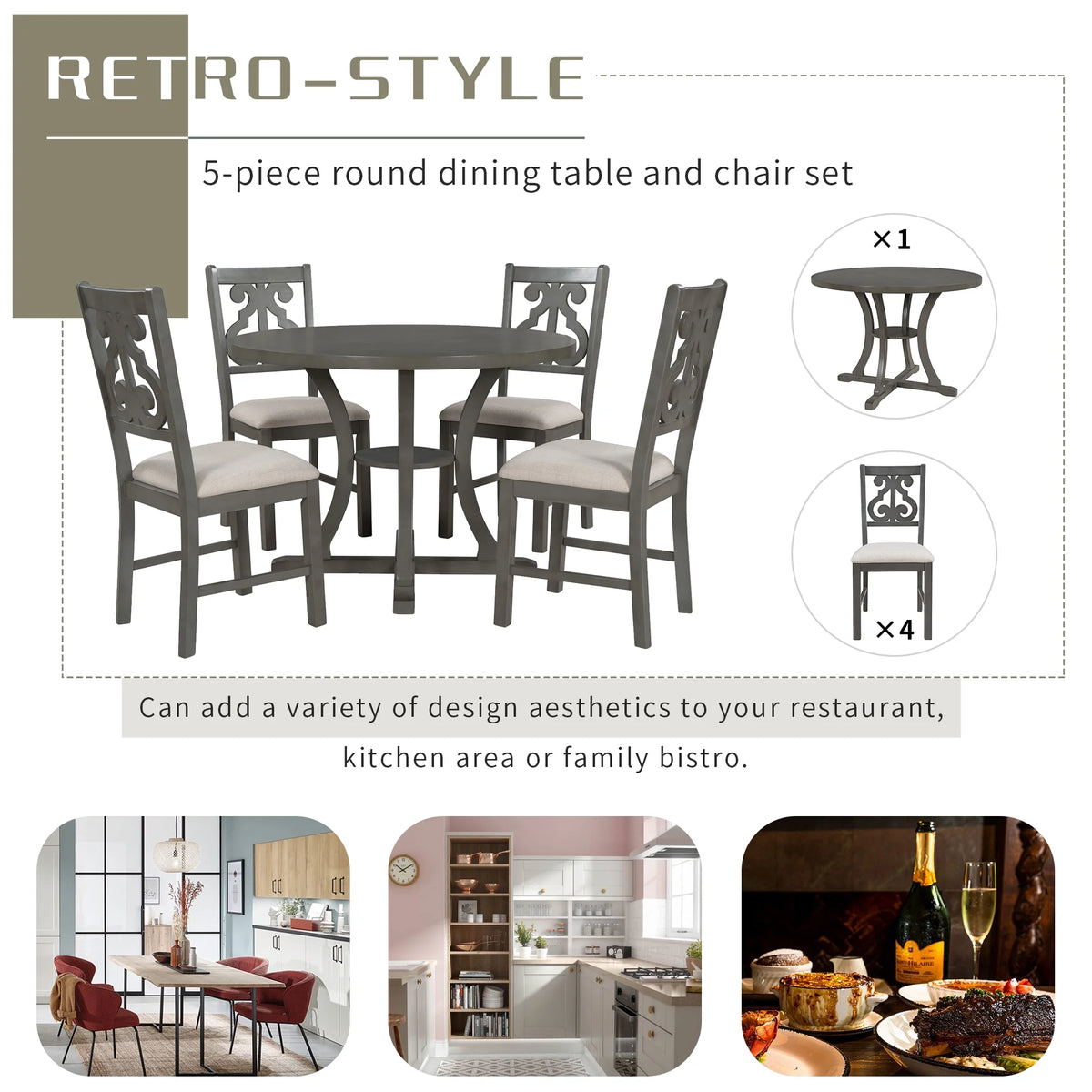 Antique Gray 5 Piece Wooden Dining Table and Chairs Set C64310