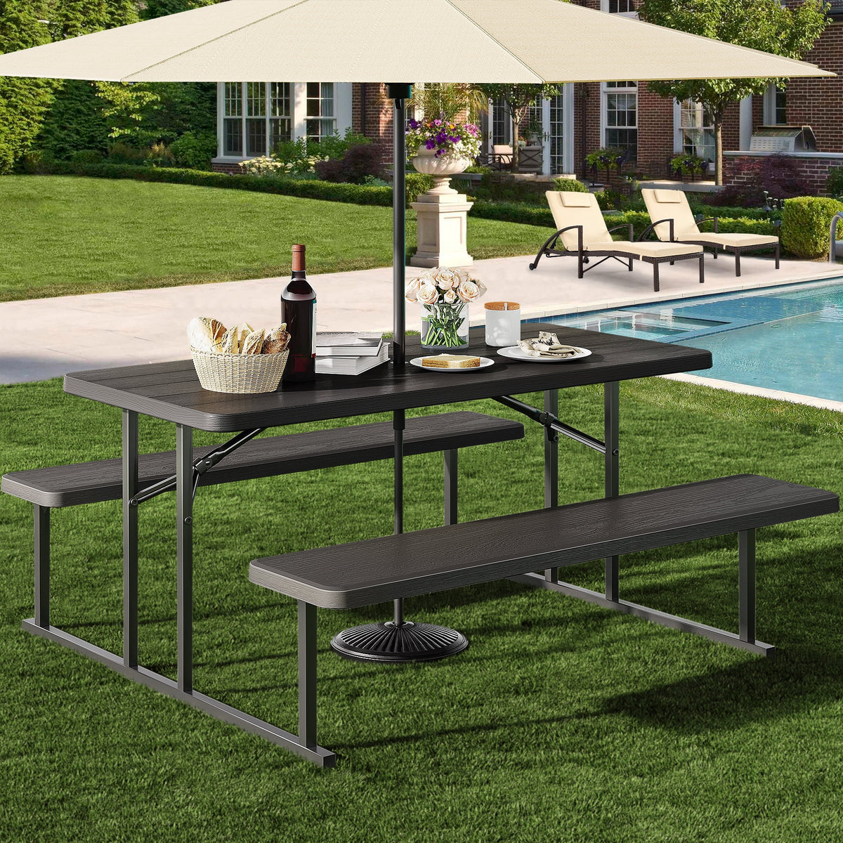 6ft Folding Picnic Table and Bench with Resin Tabletop Steel Frame White H9338