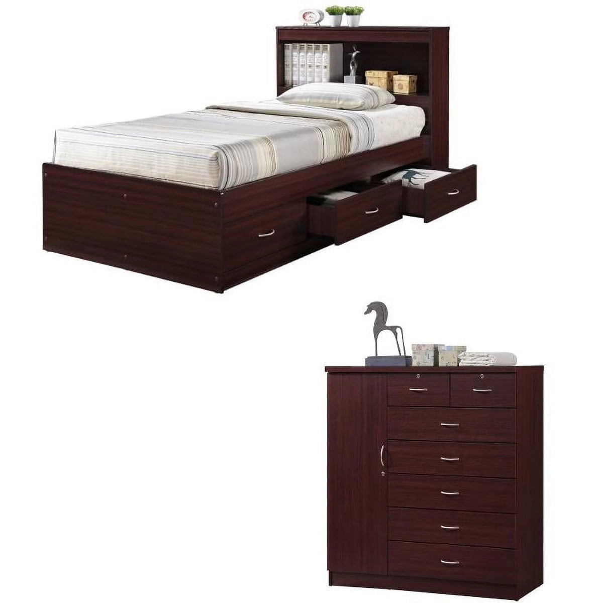 2 Piece Bedroom Set with Captain Bed and Chest in Mahogany Wood W419