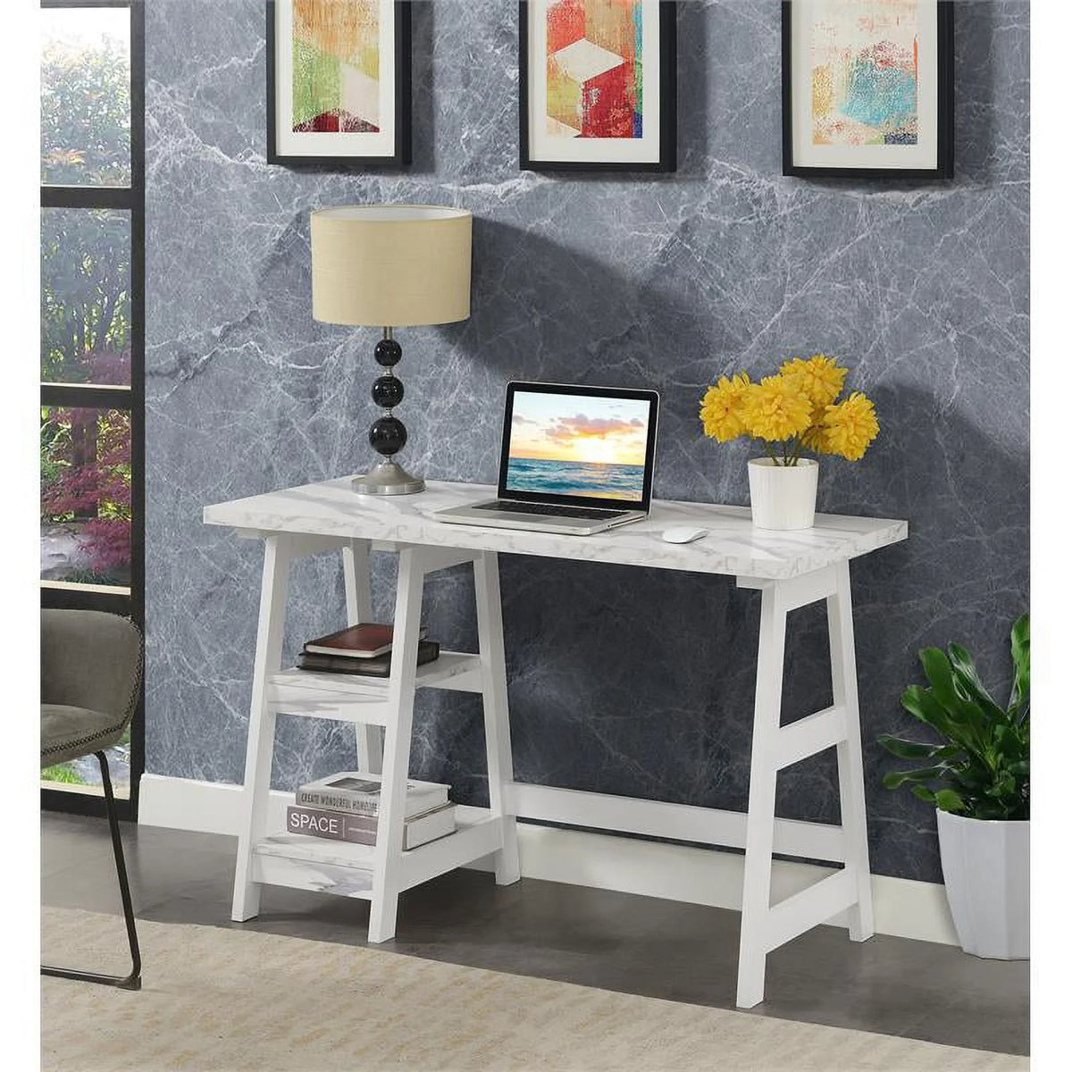 White Trestle Desk with Shelves Z227