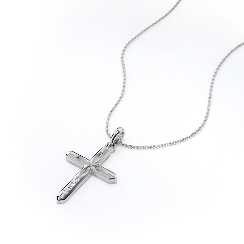 4-Petal Pencil Diamond Mini-Pave Pendant Necklace in 18K White Gold Plating over Silver R737