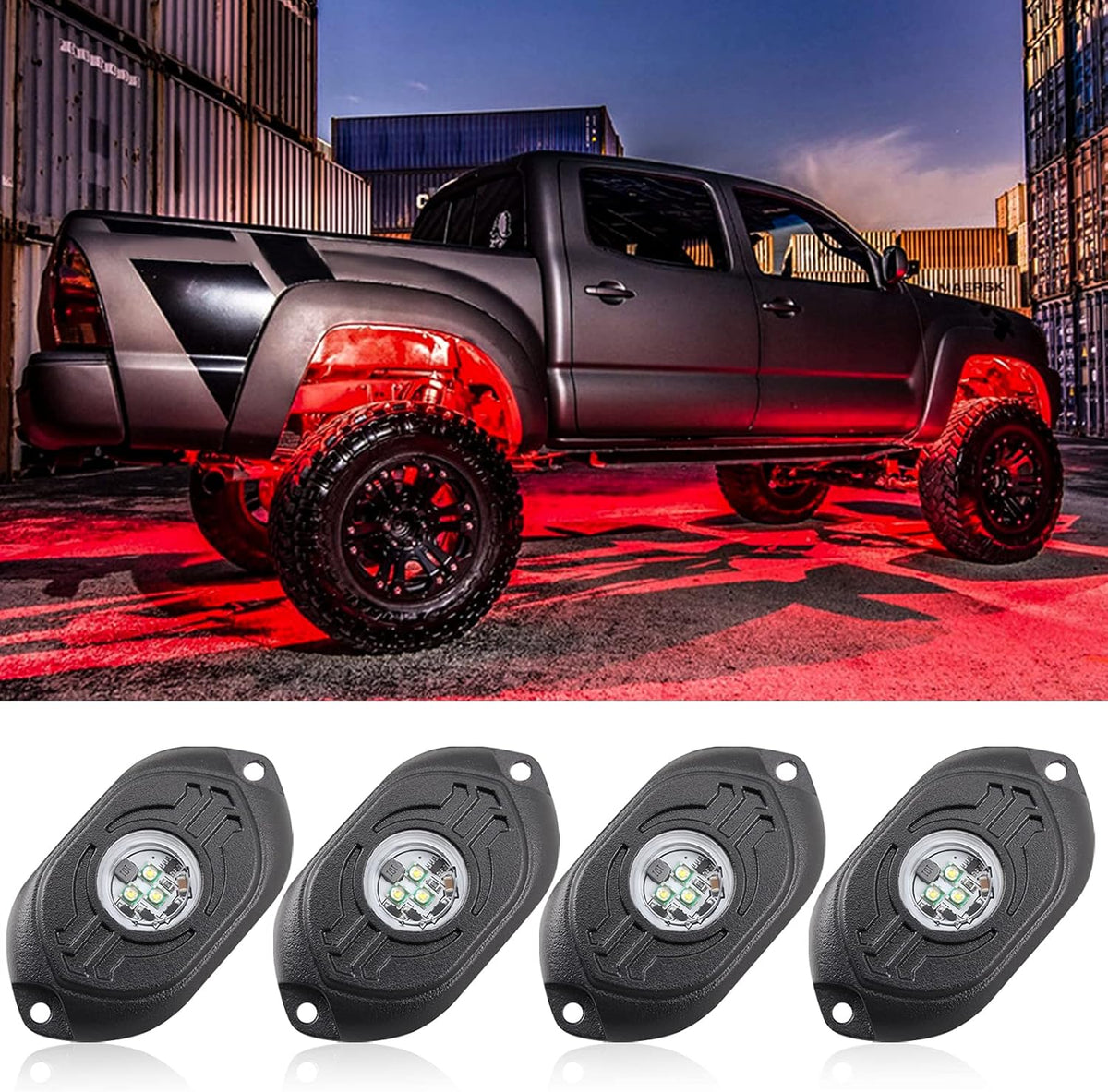RGB LED Rock Lights 4 Pods Car Neon Underglow Kit Wheel Well Light Multicolor Waterproof Pack of 2 E2220