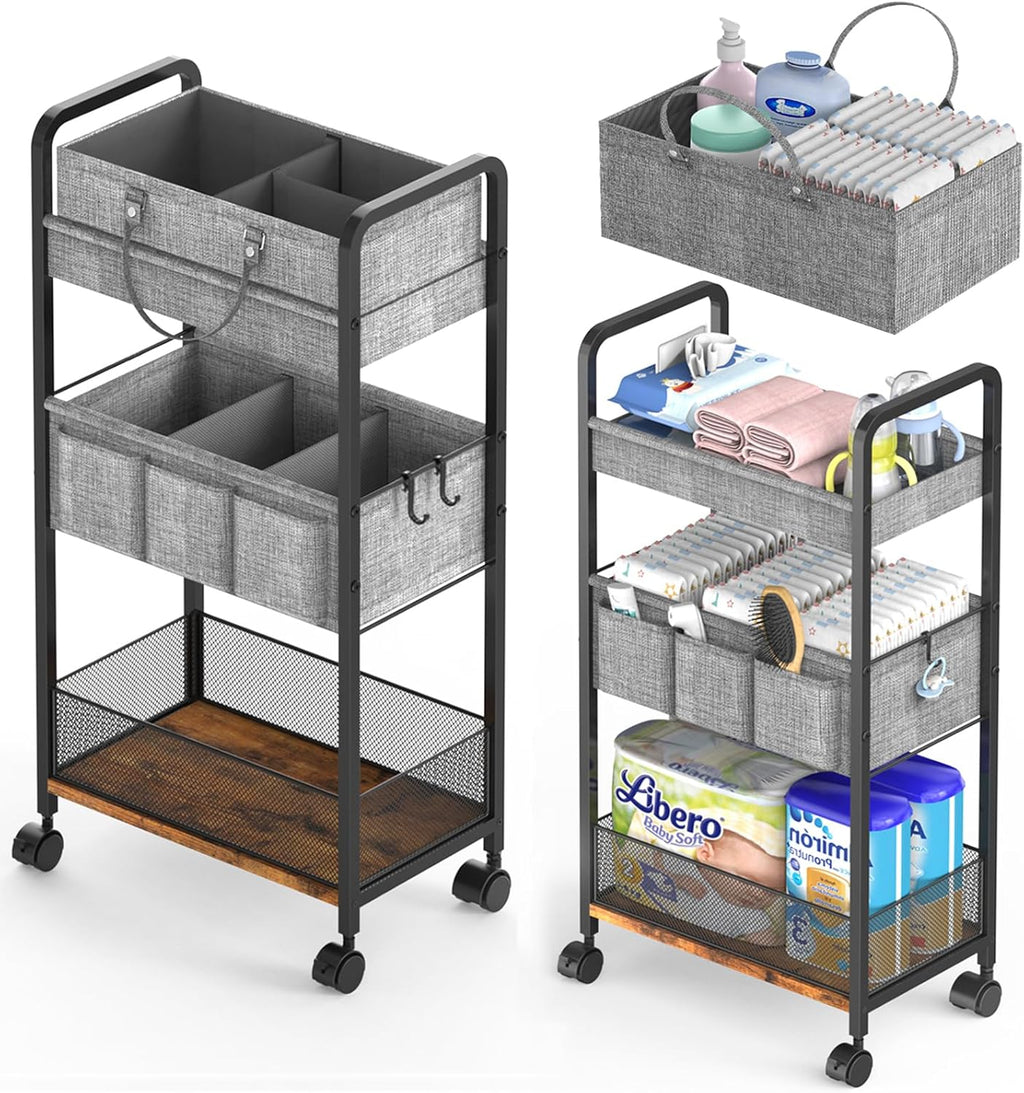 3-Tier Rolling Metal Diaper Cart with Dividers V404743