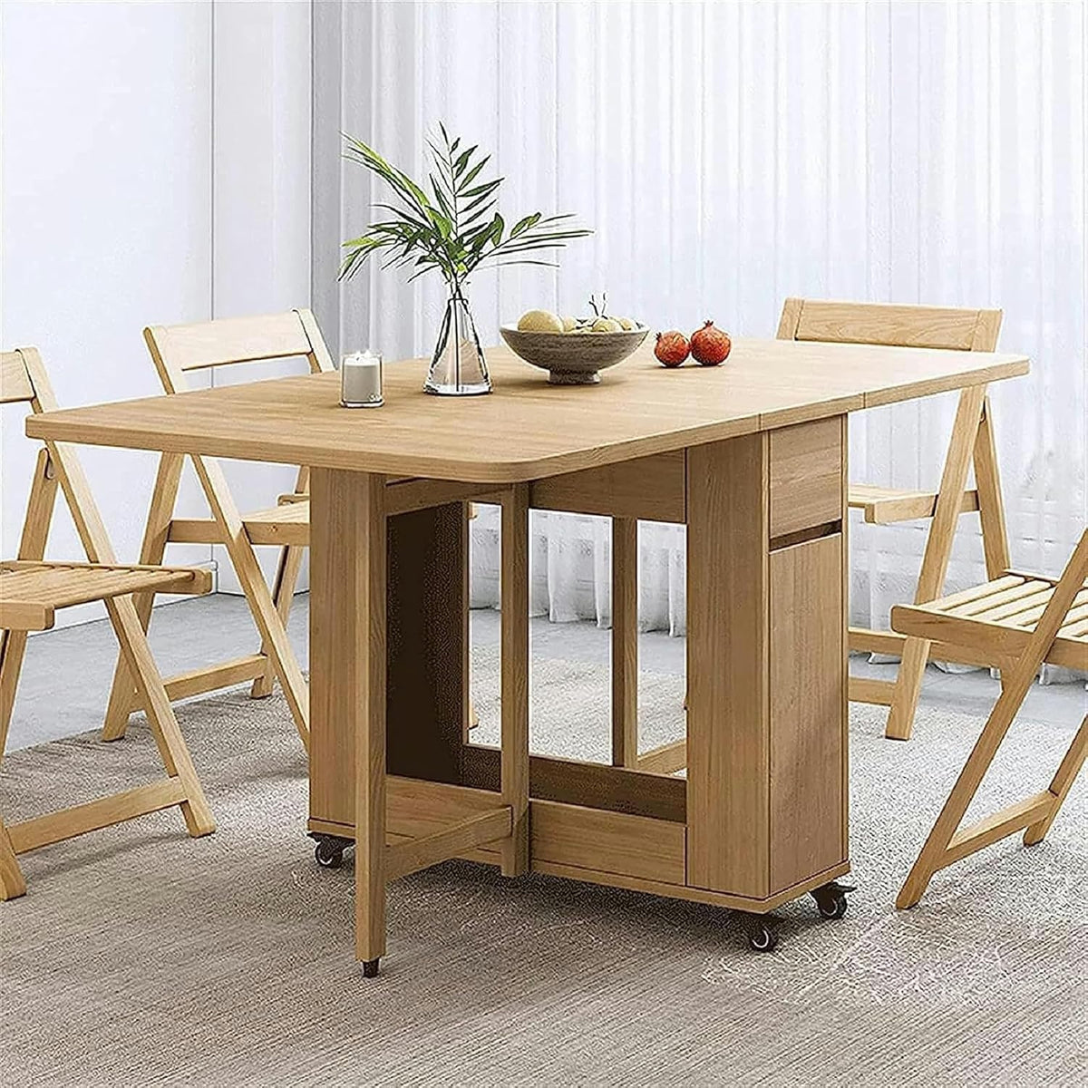 Wooden Extendable Dining Table Set with 4 Chairs, Drop Leaf Tables on Moveable Wheels and 1 Drawers M754029