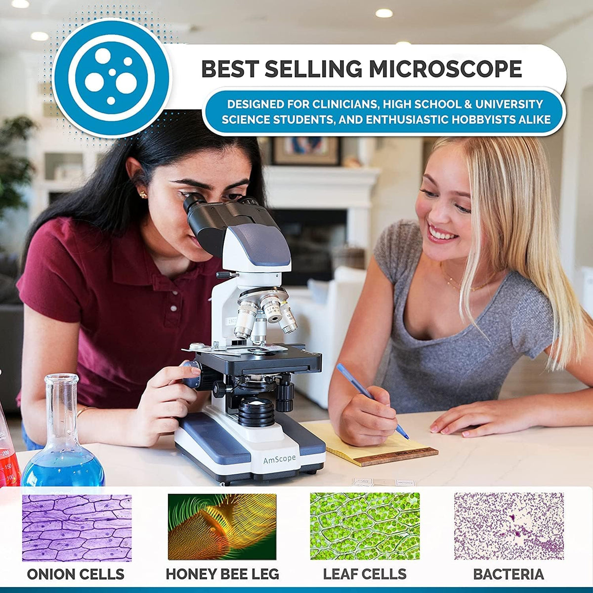 Binocular Compound Microscope, 40X-2500X Magnification, LED Illumination, Abbe Condenser, Two-Layer Mechanical Stage, 1.3MP Camera A9033