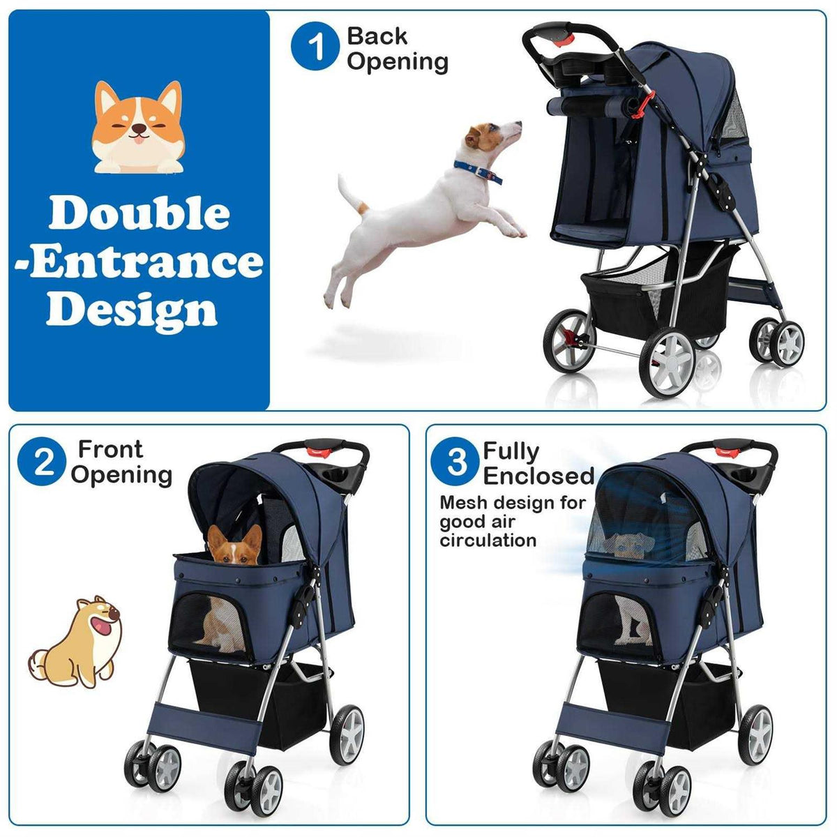 Foldable 4-Wheel Pet Stroller with Storage Basket O783