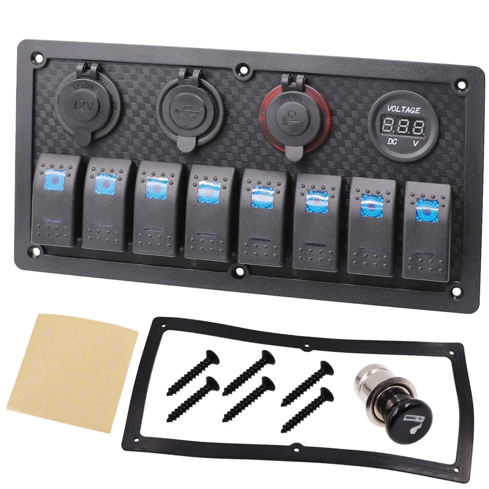 8 Gang Blue Backlit 12V Pre-wired Switch Panel with Dual USB Charger Digital Voltmeter Cigarette Lighter V4716