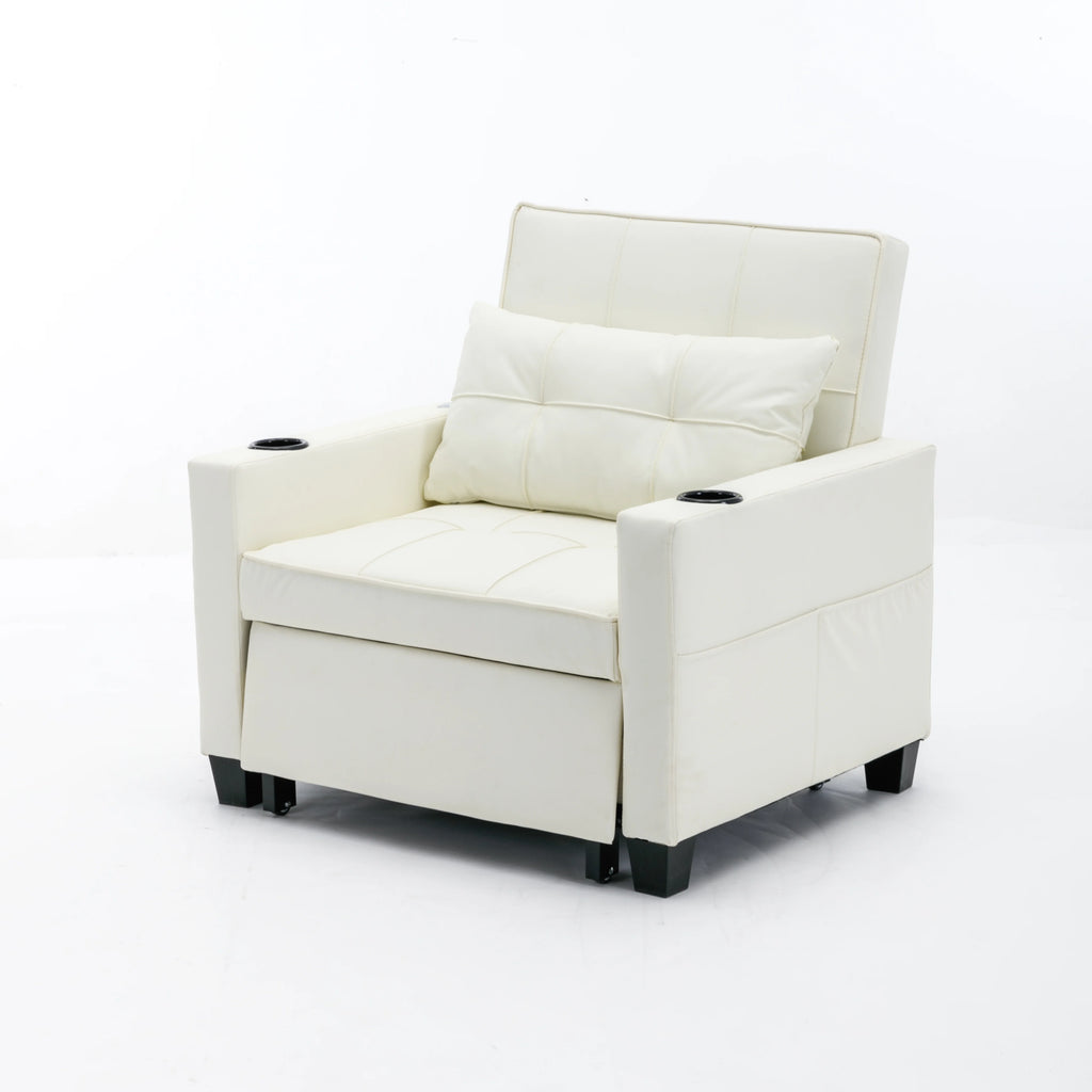 White Leather 3-In-1 Convertible Sleeper Chair Bed with USB Ports U163
