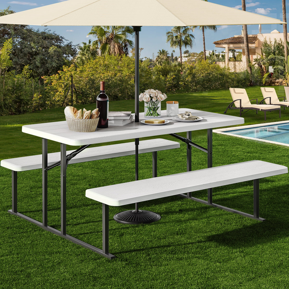 6ft Folding Picnic Table and Bench with Resin Tabletop Steel Frame White H9338