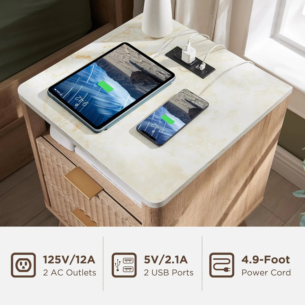 Mid-Century Modern Nightstand with Charging Station V4699