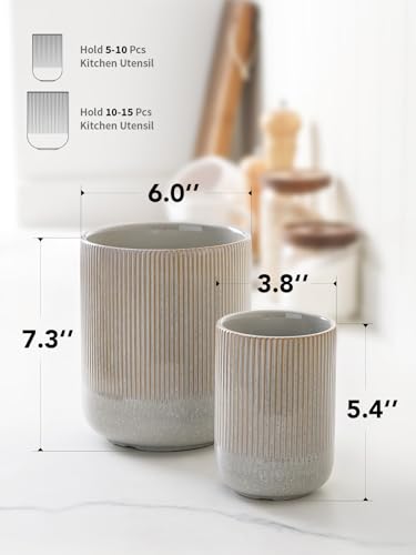 Set of 2 Ceramic Kitchen Utensil Holder, Glaze Marble Gray Q572