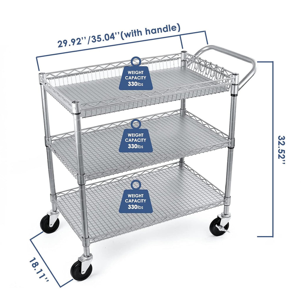 3 Tier Rolling Utility Cart with Wire Shelving M6619