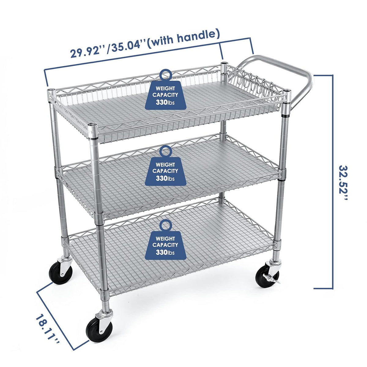 3 Tier Rolling Utility Cart with Wire Shelving M6619
