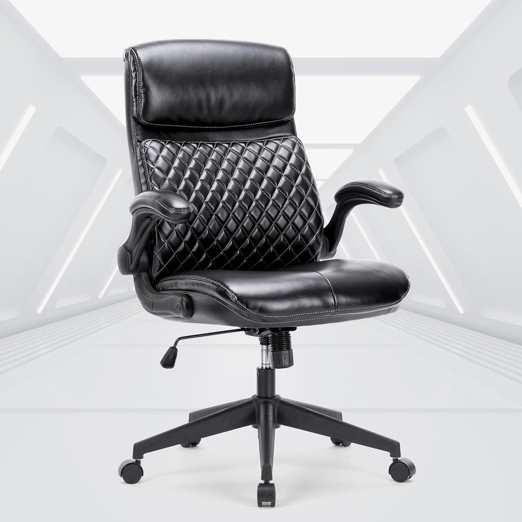 Black Leather High Back Executive Office Chair with Padded Flip-up Arms V1592