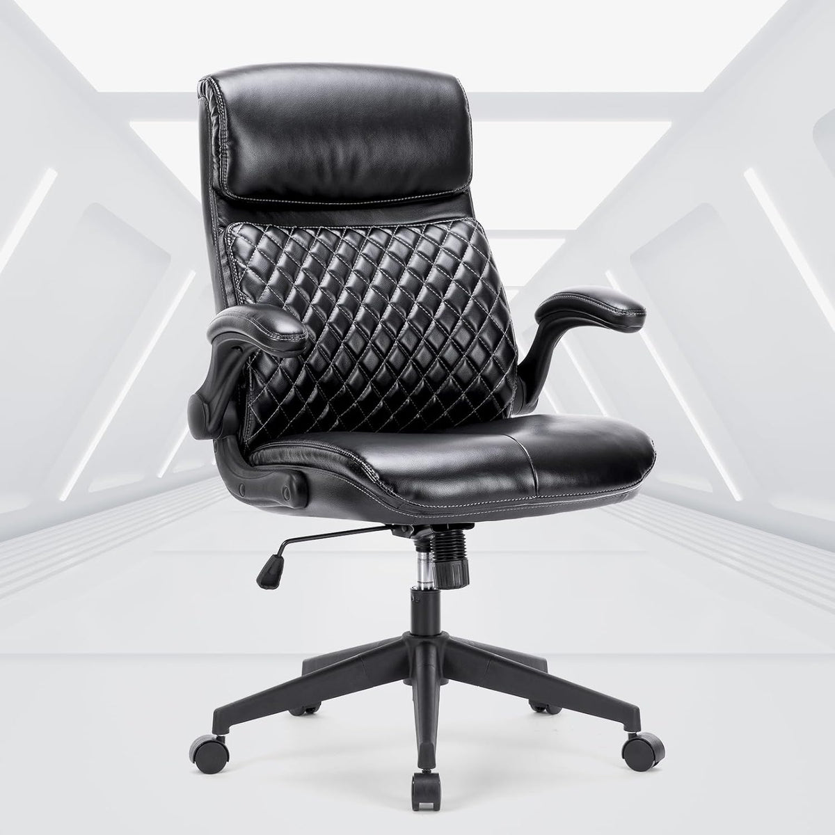 Black Leather High Back Executive Office Chair with Padded Flip-up Arms V1592