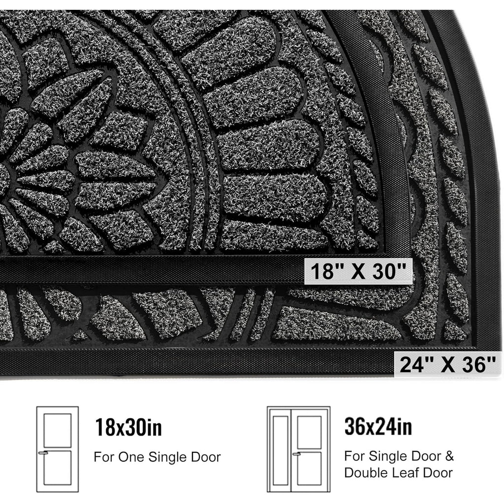 Half Round Door Mat, Non-Slip Rubber Low-Profile Doormat, 23.5" x 35.5", Gray J260400