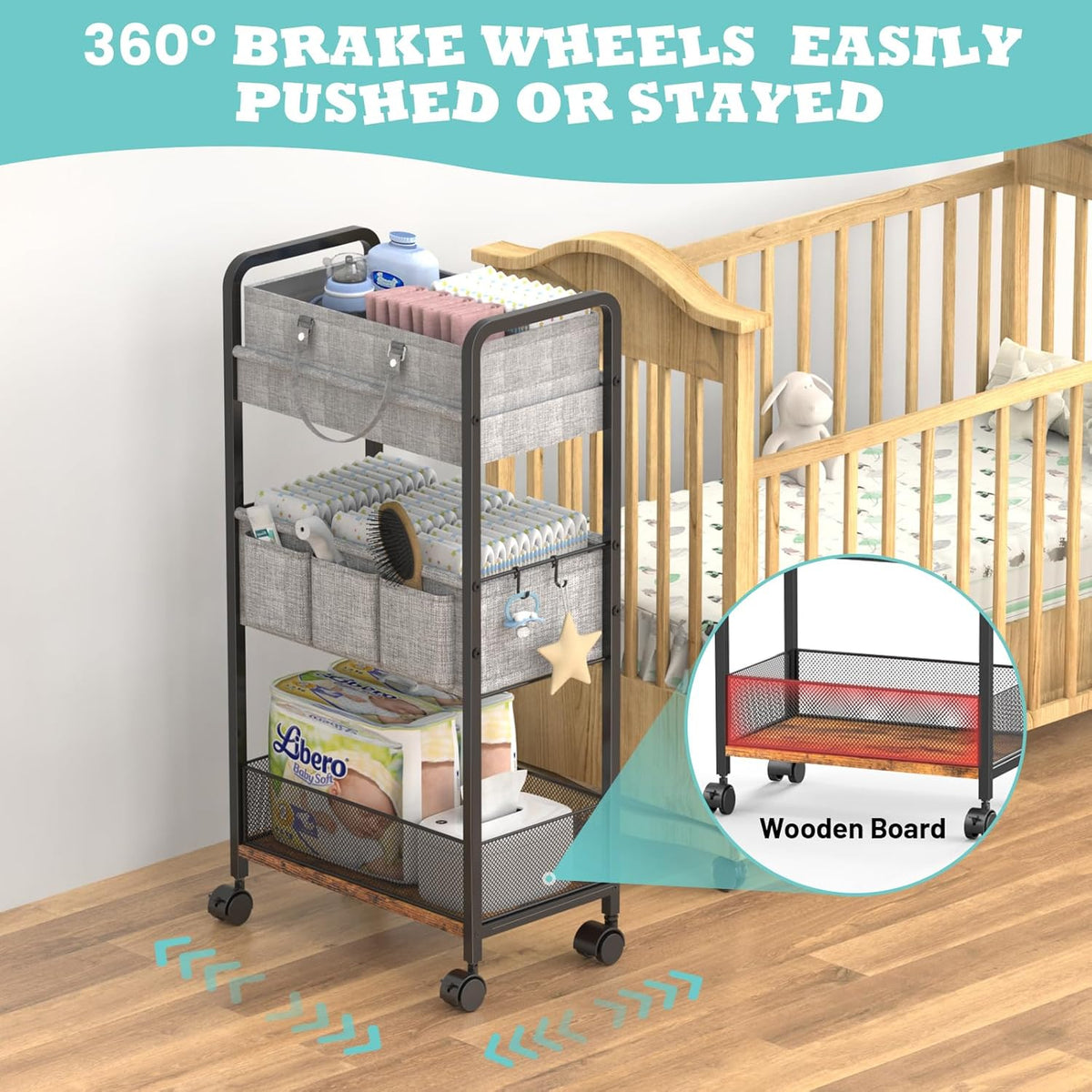 3-Tier Rolling Metal Diaper Cart with Dividers V404743