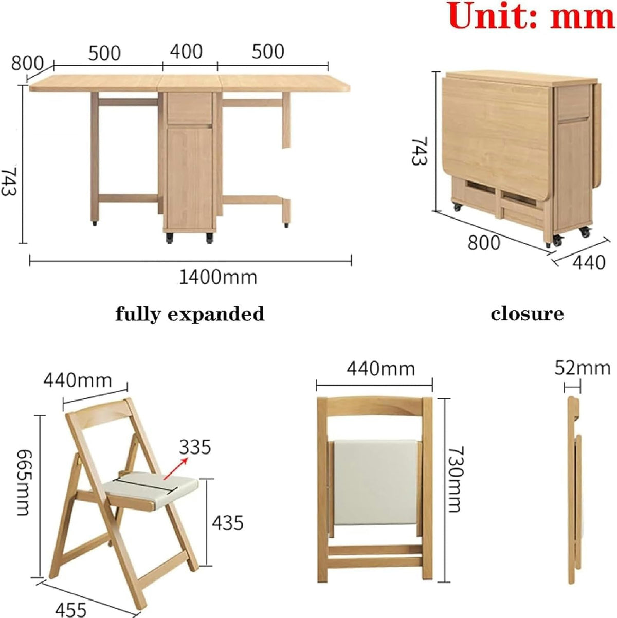 Wooden Extendable Dining Table Set with 4 Chairs, Drop Leaf Tables on Moveable Wheels and 1 Drawers M754029