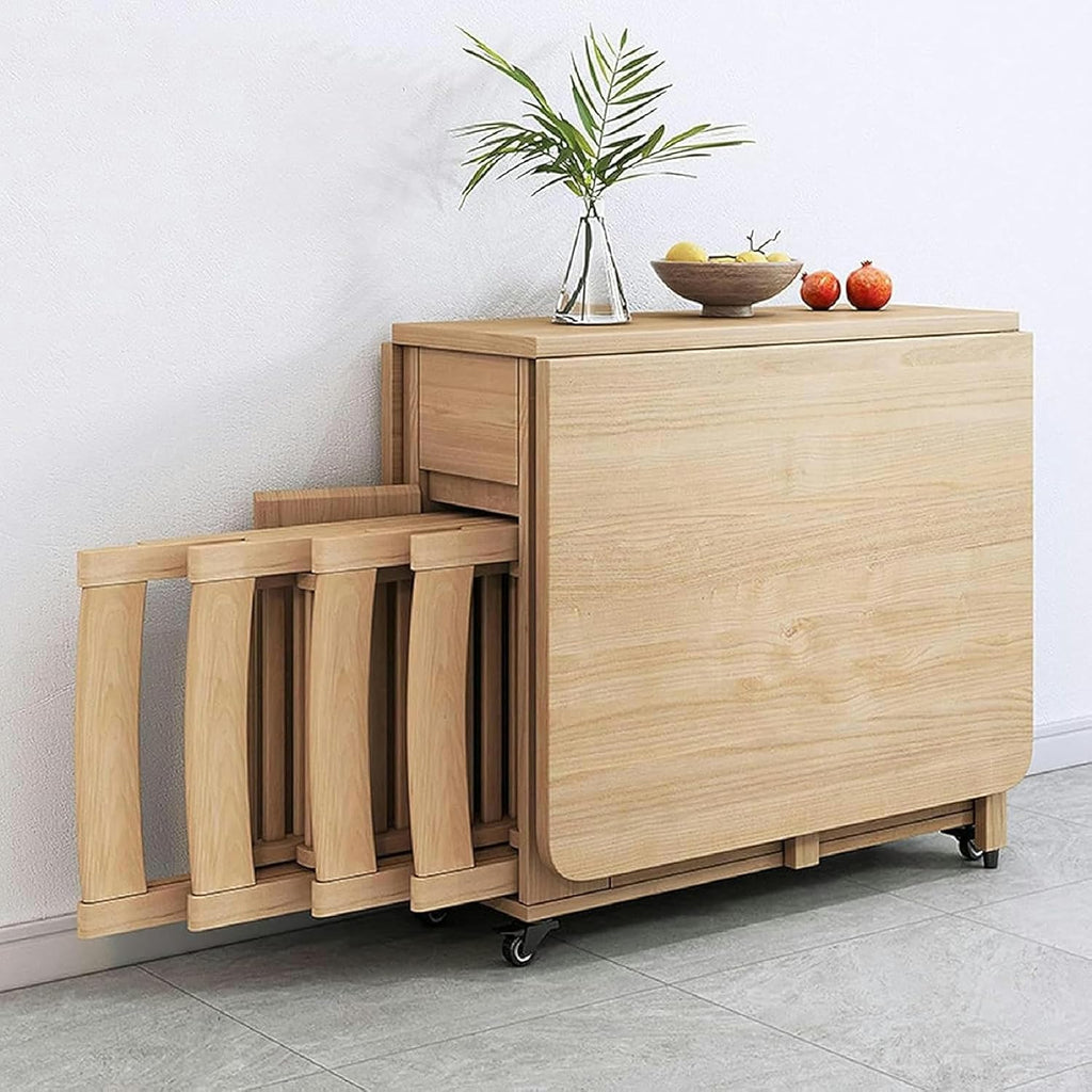 Wooden Extendable Dining Table Set with 4 Chairs, Drop Leaf Tables on Moveable Wheels and 1 Drawers M754029