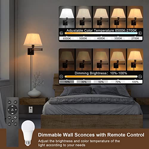 2 Pack Plug In Wall Sconces with Remote Control, White Fabric Shade D14361