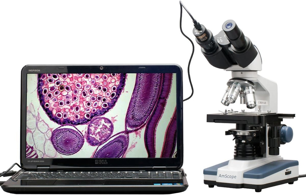 Binocular Compound Microscope, 40X-2500X Magnification, LED Illumination, Abbe Condenser, Two-Layer Mechanical Stage, 1.3MP Camera A9033
