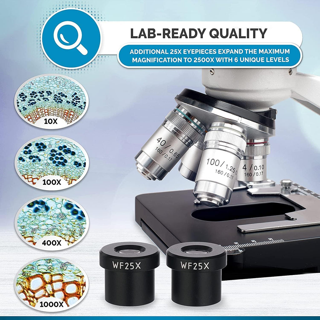 Binocular Compound Microscope, 40X-2500X Magnification, LED Illumination, Abbe Condenser, Two-Layer Mechanical Stage, 1.3MP Camera A9033