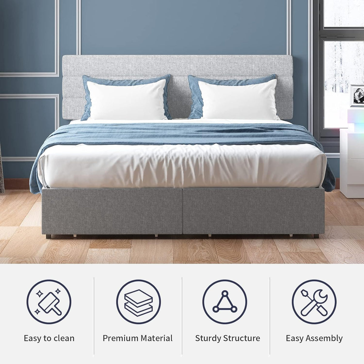 Light Grey King Size Bed Frame with 2 Storage Drawers K452