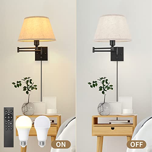 2 Pack Plug In Wall Sconces with Remote Control, White Fabric Shade D14361