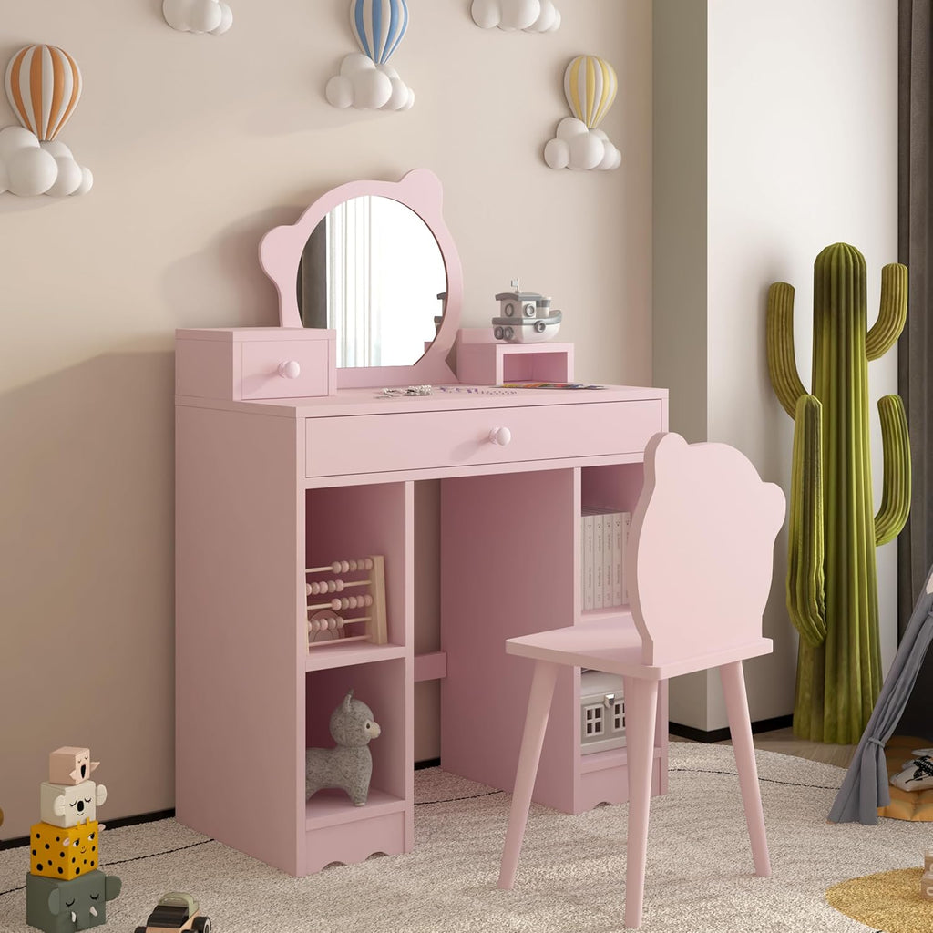 Pink Wooden Kids Vanity Set with Mirror and Stool E845