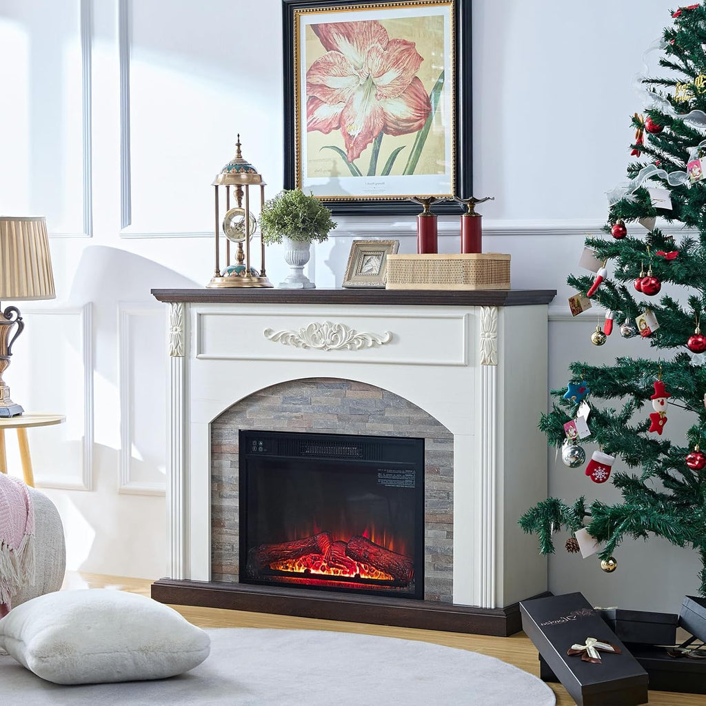 44 Inch Electric Fireplace with Mantel, Freestanding LED Flame Heater with Remote Control Y99853