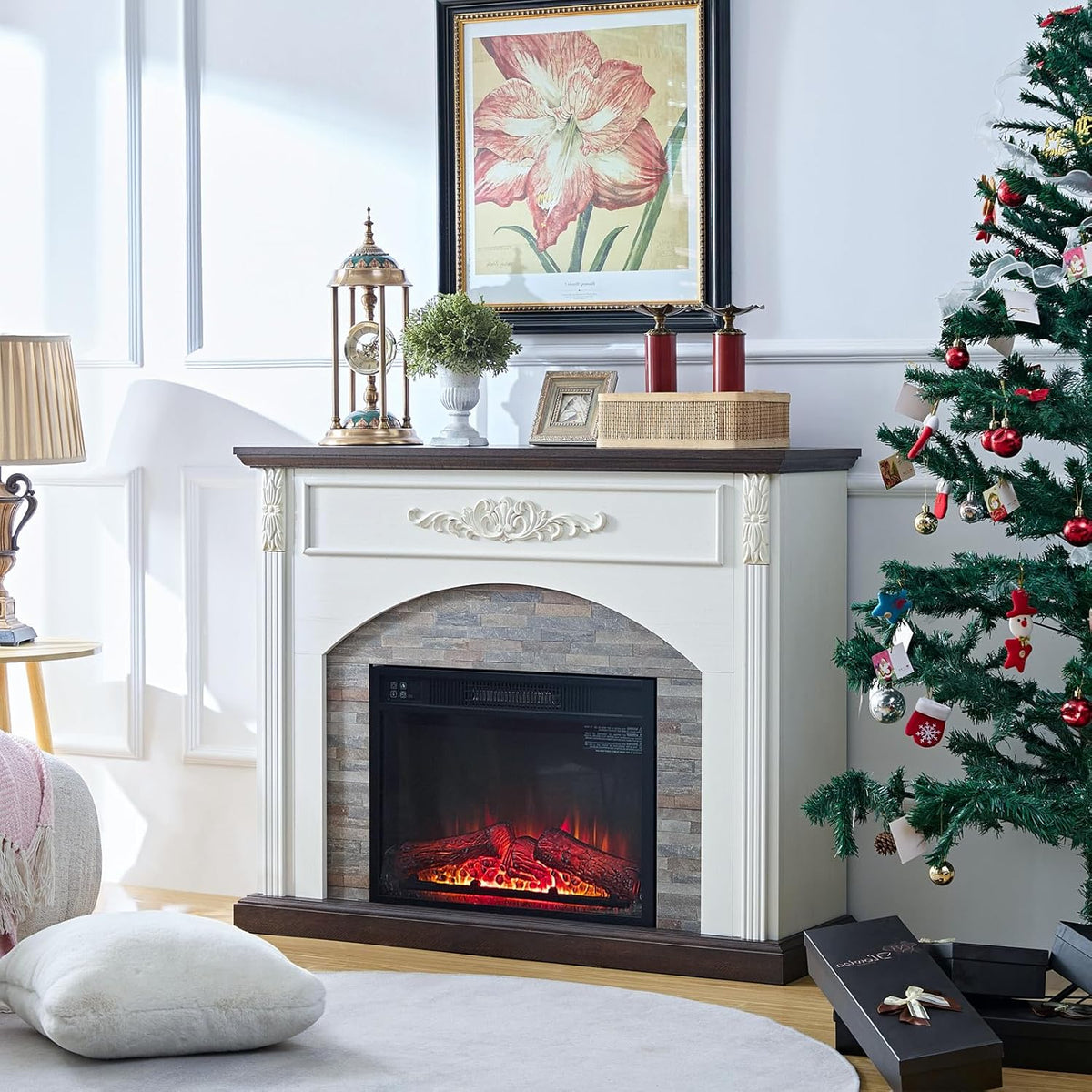 44 Inch Electric Fireplace with Mantel, Freestanding LED Flame Heater with Remote Control Y99853