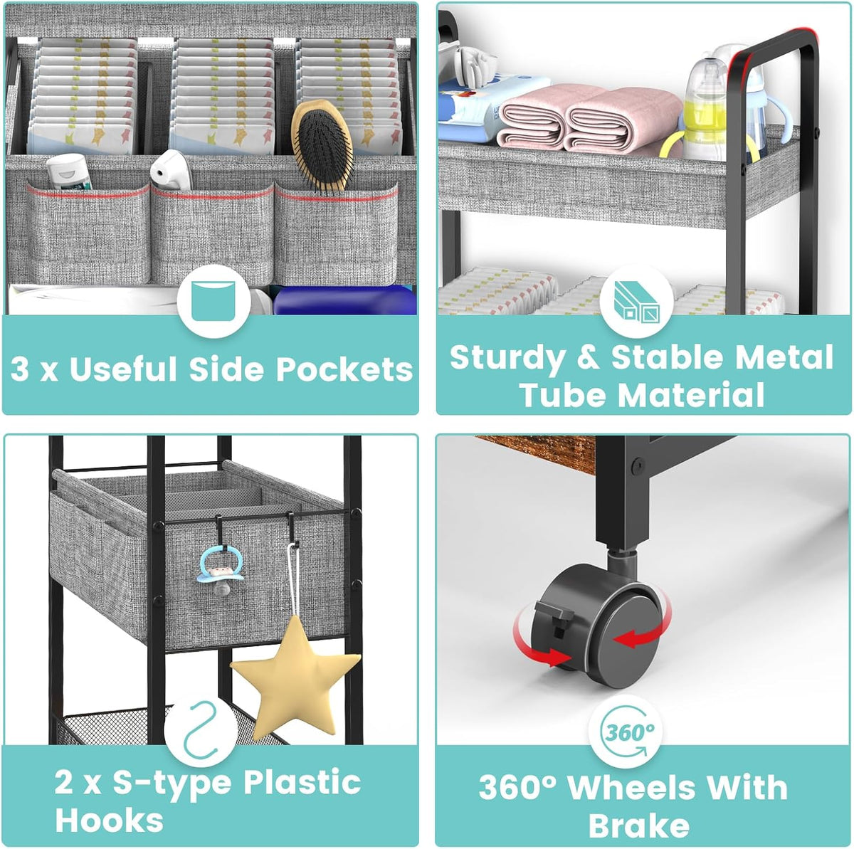 3-Tier Rolling Metal Diaper Cart with Dividers V404743
