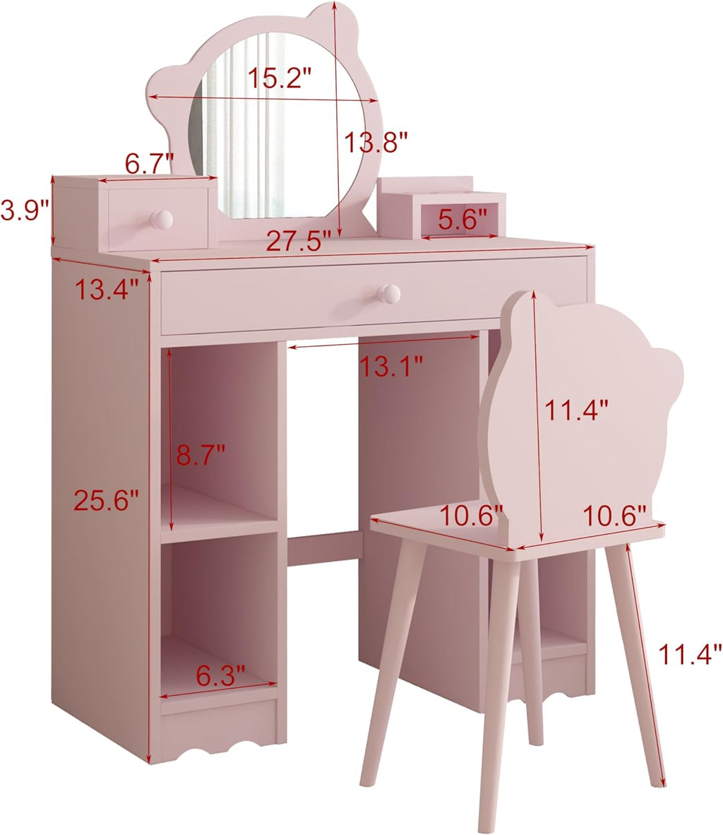 Pink Wooden Kids Vanity Set with Mirror and Stool E845