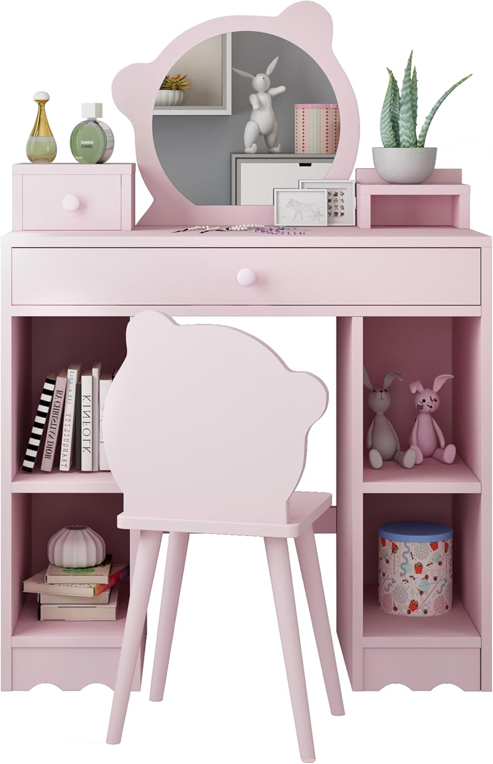 Pink Wooden Kids Vanity Set with Mirror and Stool E845