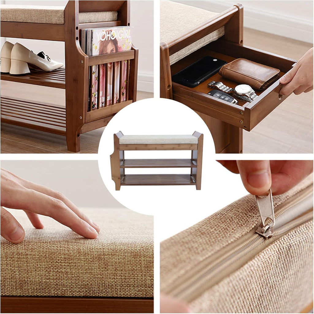 2 Tier Bamboo Shoe Bench with Seat Cushion X65362