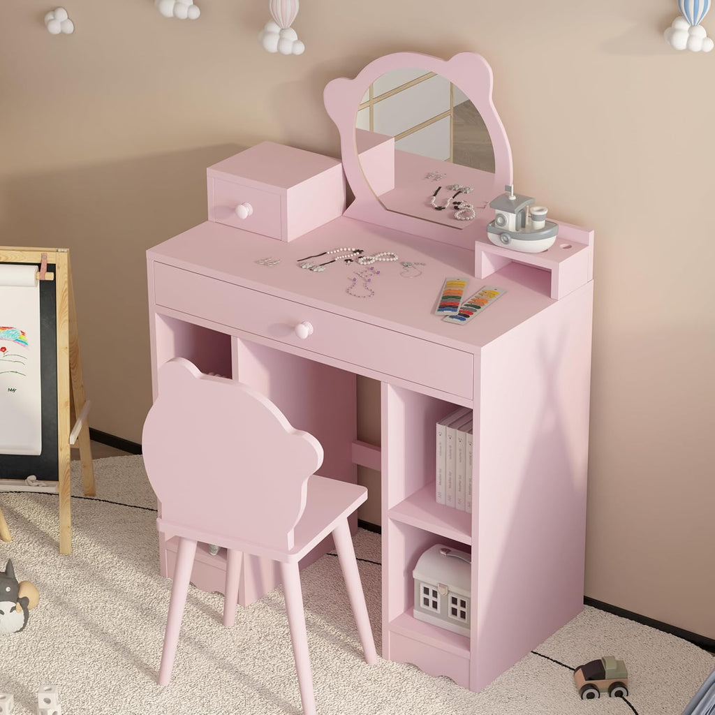 Pink Wooden Kids Vanity Set with Mirror and Stool E845