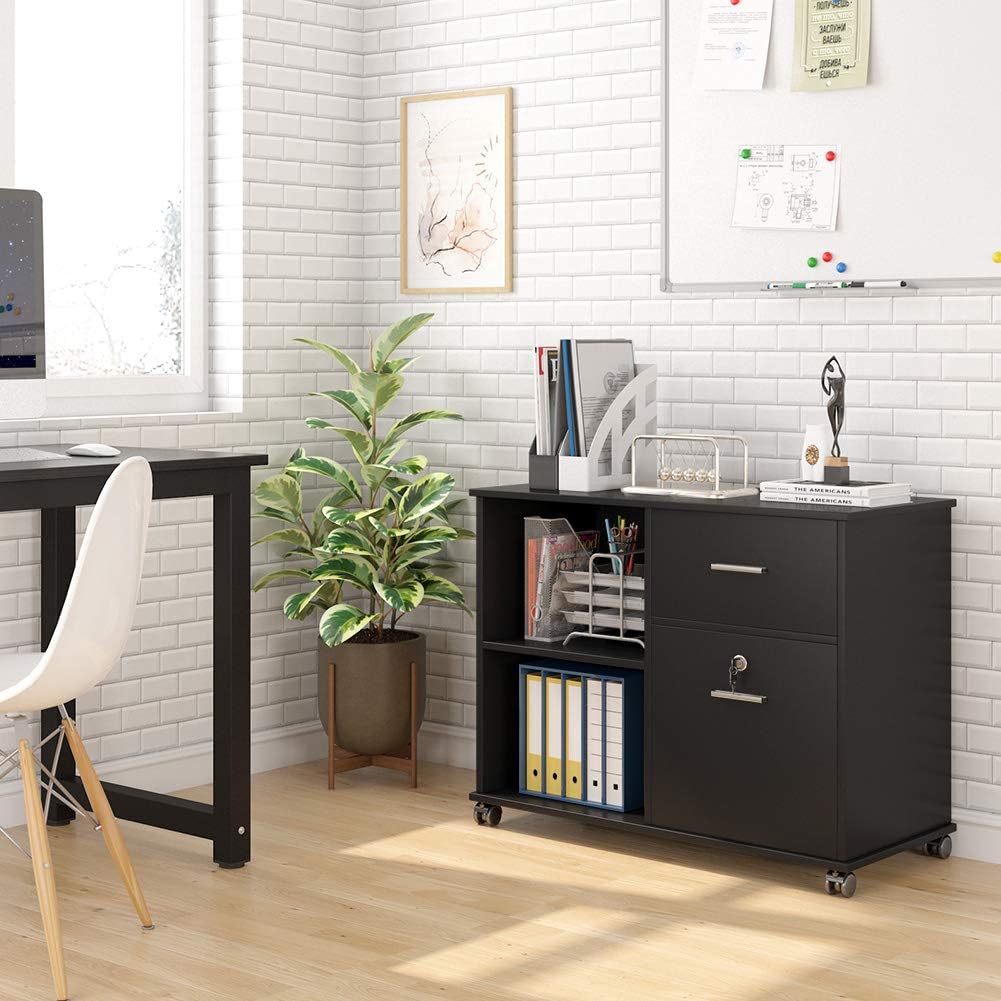 2 Drawer File Cabinet with Lock, Mobile Lateral Filing Cabinet with Wheels and Shelves F709