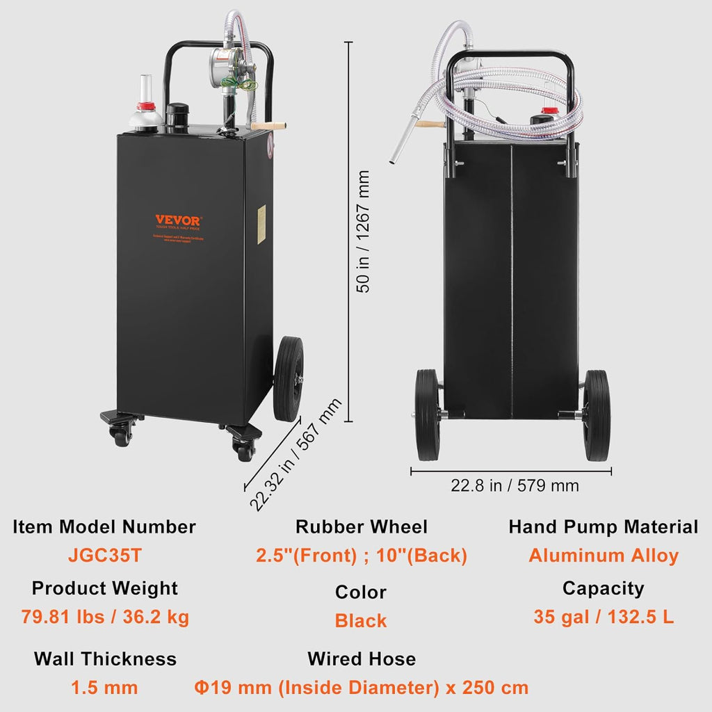 35 Gallon Black Fuel Caddy on 4 Wheels with Manual Transfer Pump N6848