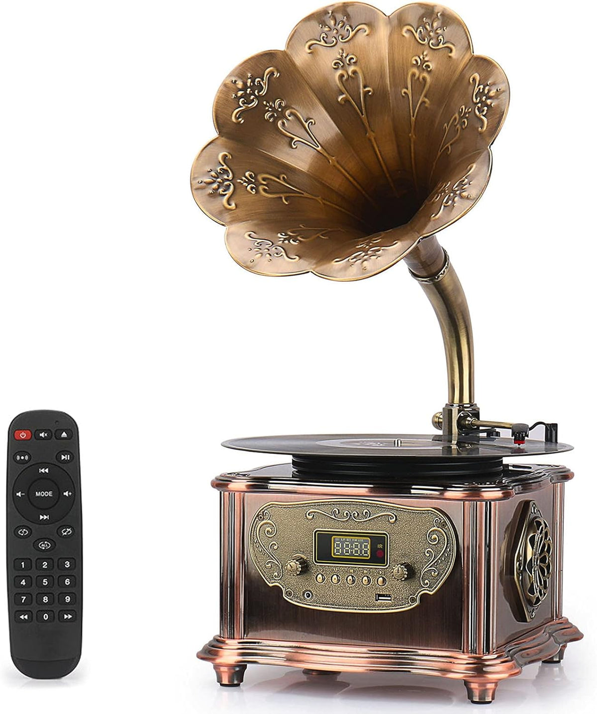 Wood Phonograph Turntable Wireless Speaker with Aux-in FM Radio USB Port H41348