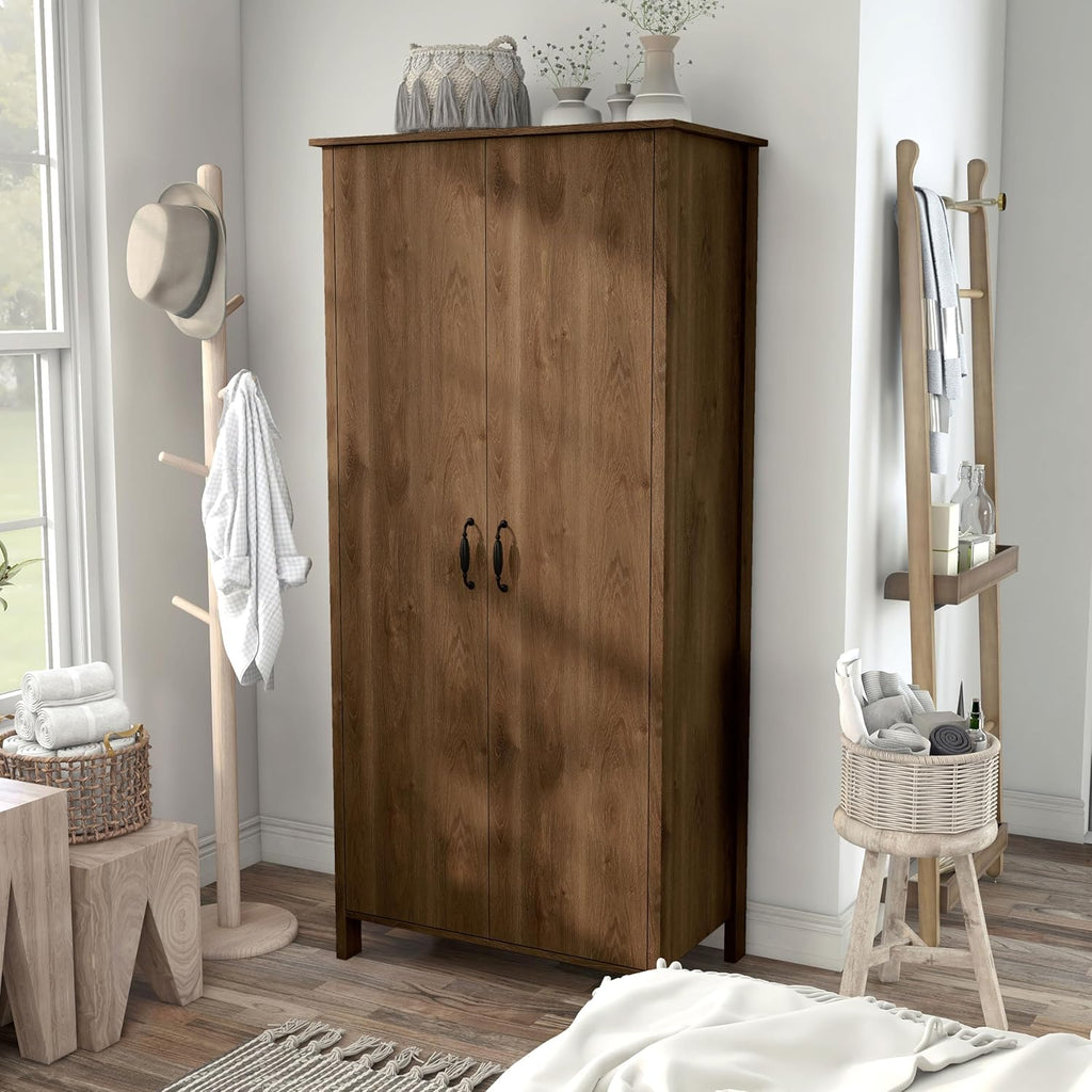 Walnut Brown 2-Doors Wood Armoire Wardrobe Closet with Fixed Shelves and Hanging Rack K57360