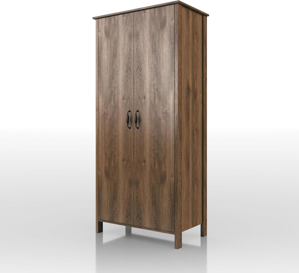 Walnut Brown 2-Doors Wood Armoire Wardrobe Closet with Fixed Shelves and Hanging Rack K57360