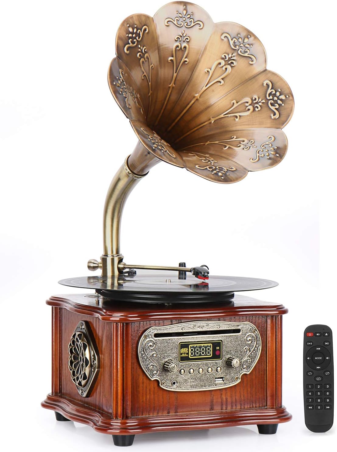Wood Phonograph Turntable Wireless Speaker with Aux-in FM Radio USB Port H41348