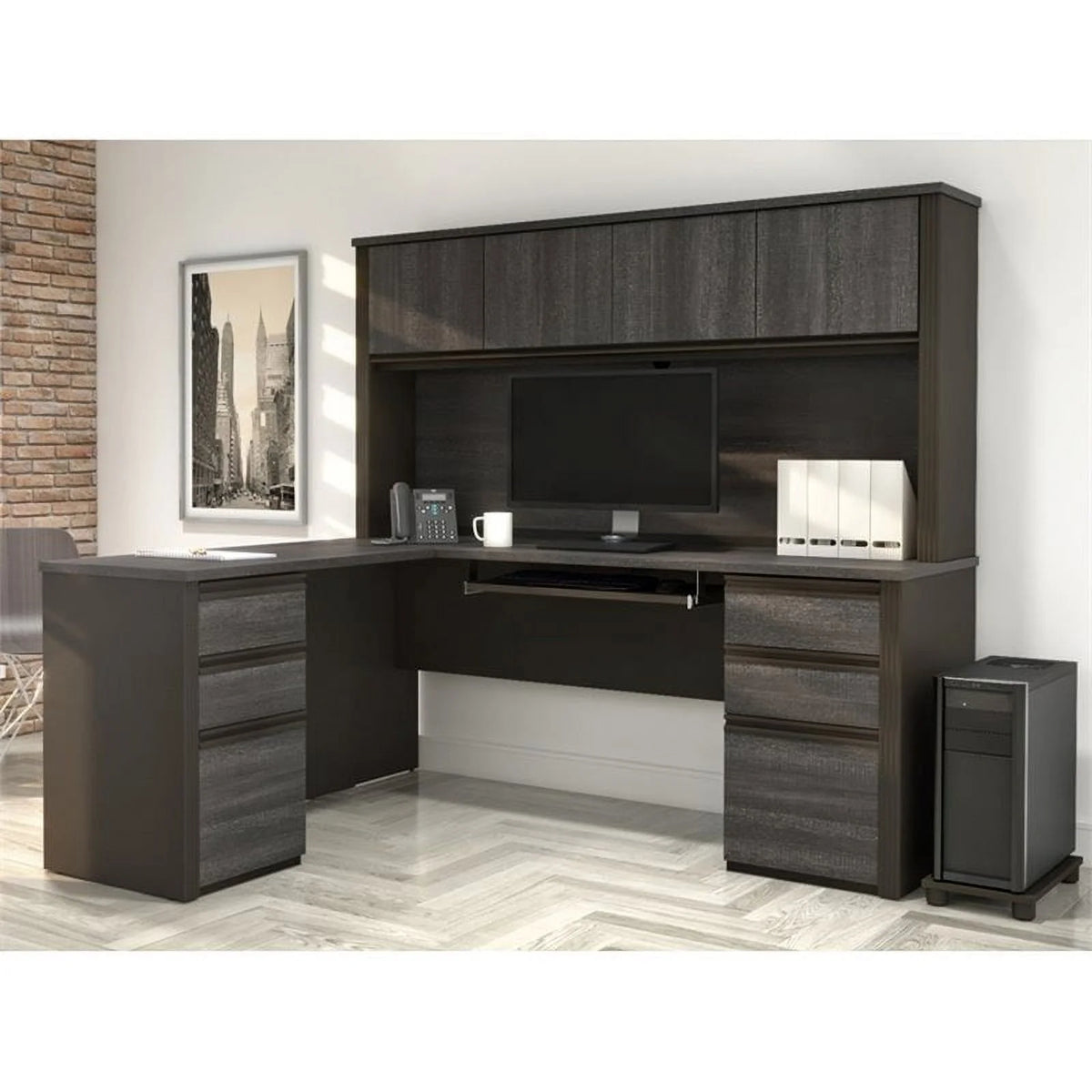 6 Piece Wood L Shaped Computer Desk with Hutch in Bark Gray T681885